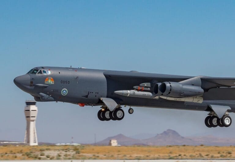 A B-52H Stratofortress bomber releases an AGM-183A ARRW hypersonic missile​ during a test.